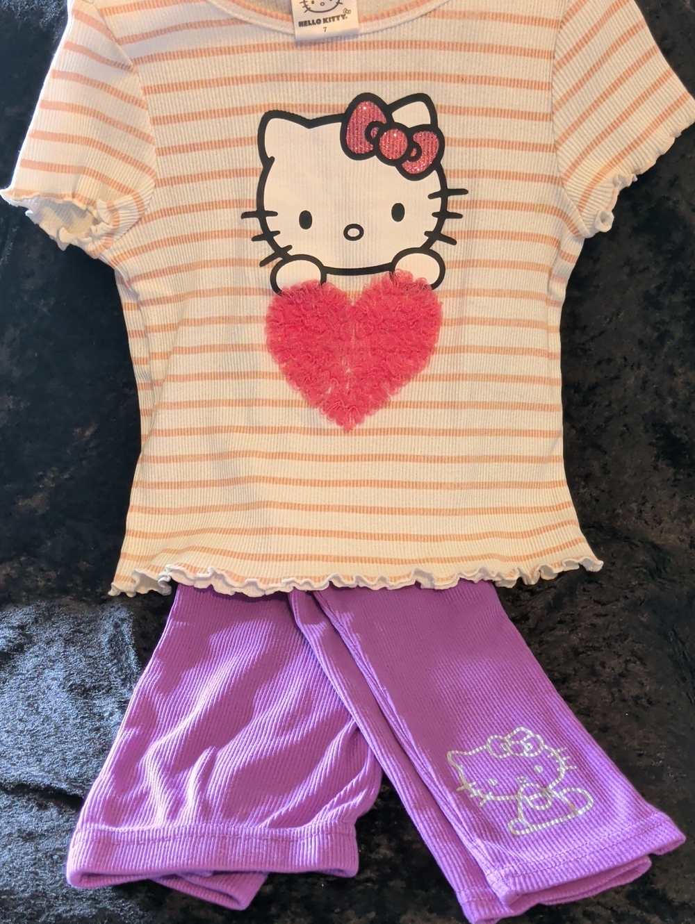 Hello Kitty Girls 2-Piece Ribbed Outfit Set Striped Top Purple Leggings Size 7